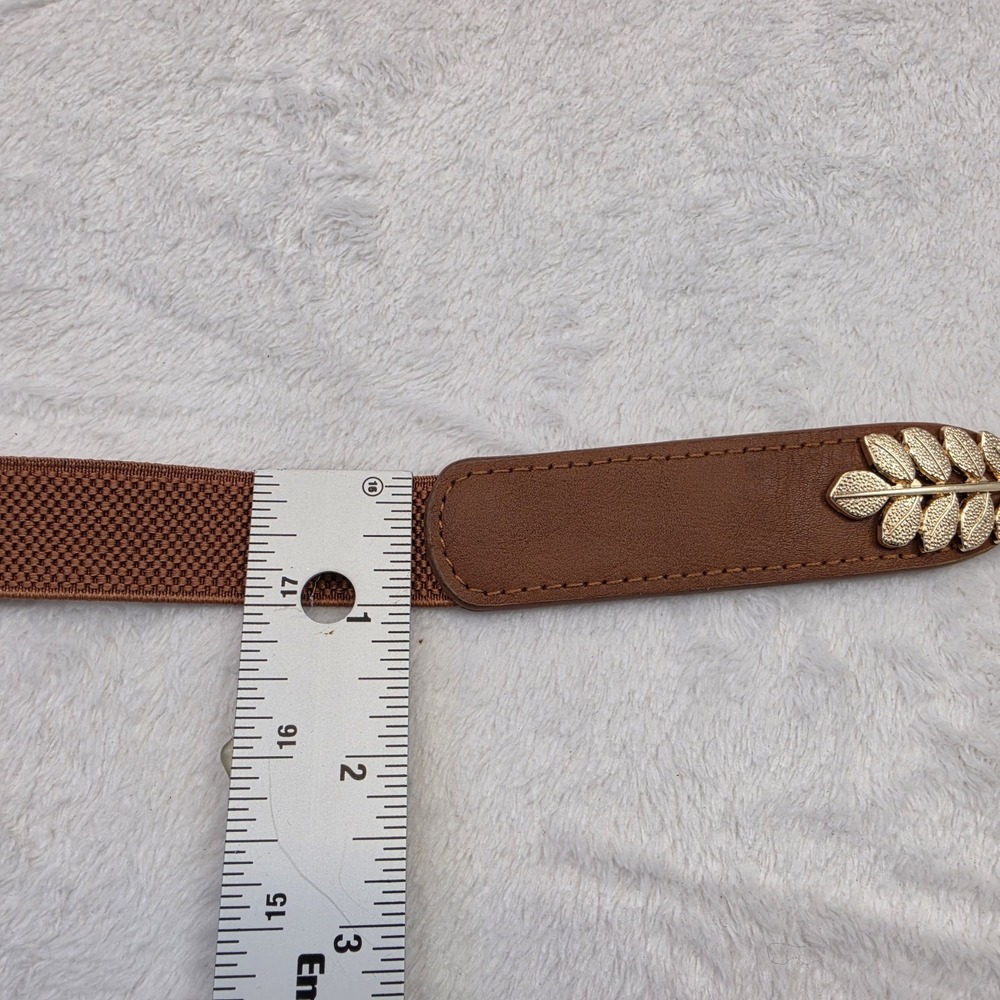 Brown Elastic Waist Belt Womens Gold Leaf Buckle Stretch Cincher Belt - Picture 4 of 6
